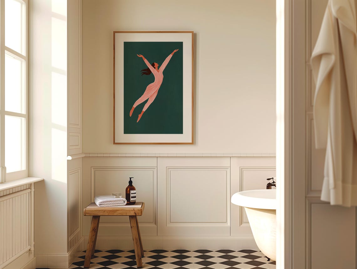 Joyful Dancing Woman Leaping in Coral Stripes on Deep Green Poster - Image 3