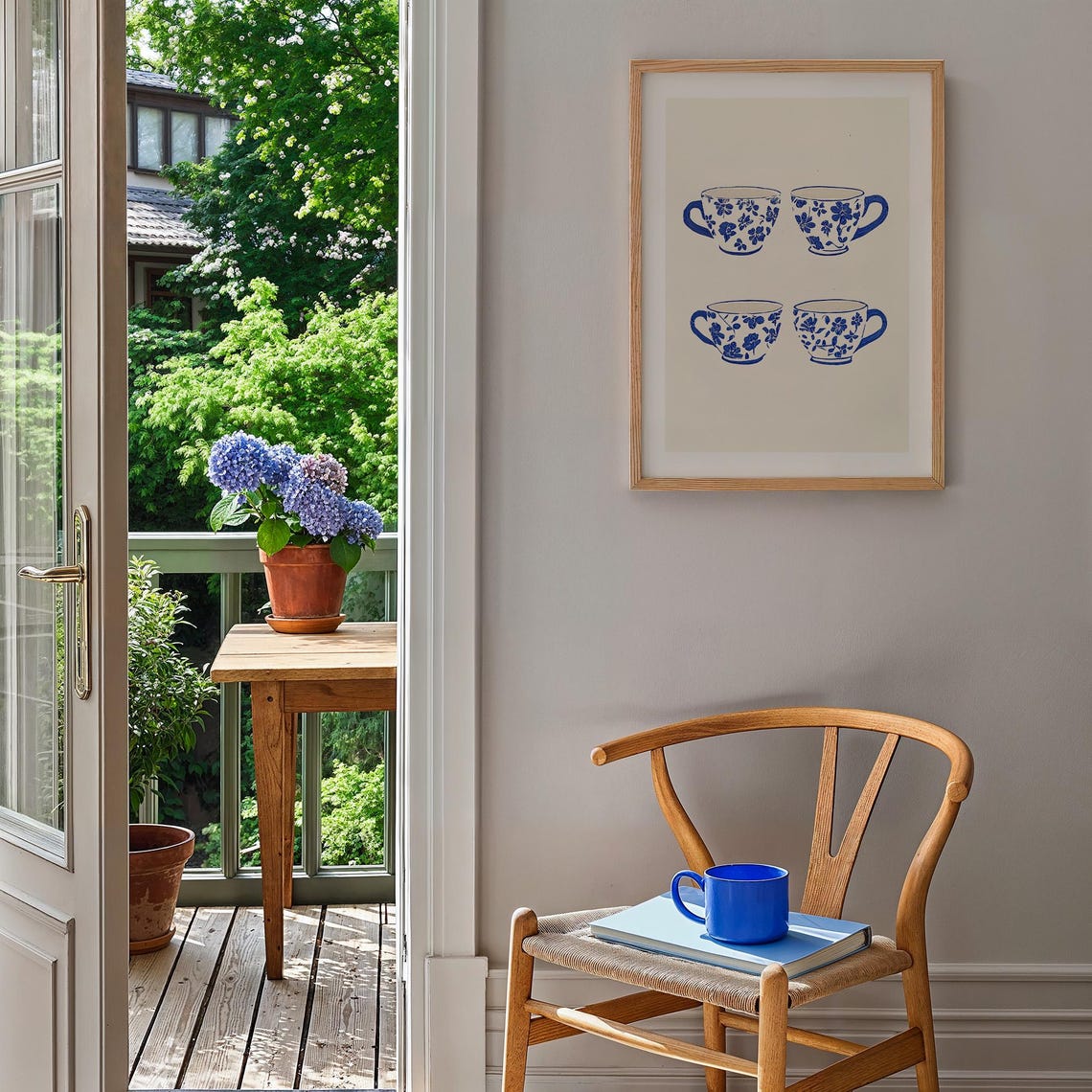 Four Blue Floral Teacups Chinoiserie Kitchen Art Wall Poster - Image 3