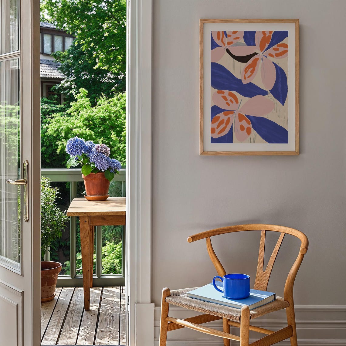 Vibrant Bold Blue Pink Orange Floral Modern Botanical Art Poster - Image 2