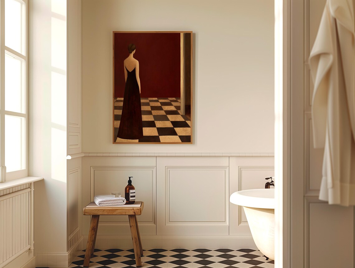 Elegant Woman in Black Dress in Red Room Checkered Floor Poster - Image 5