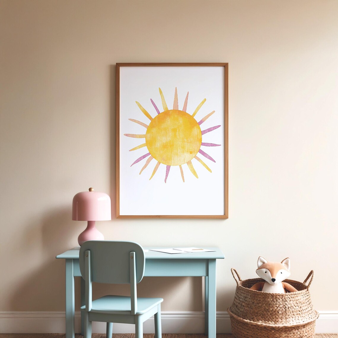 Cheerful Watercolor Sunshine Nursery Pink Gold Kids Room Poster - Image 2