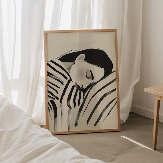 Quiet Resting Woman Stripes Minimalist Black White Art Poster