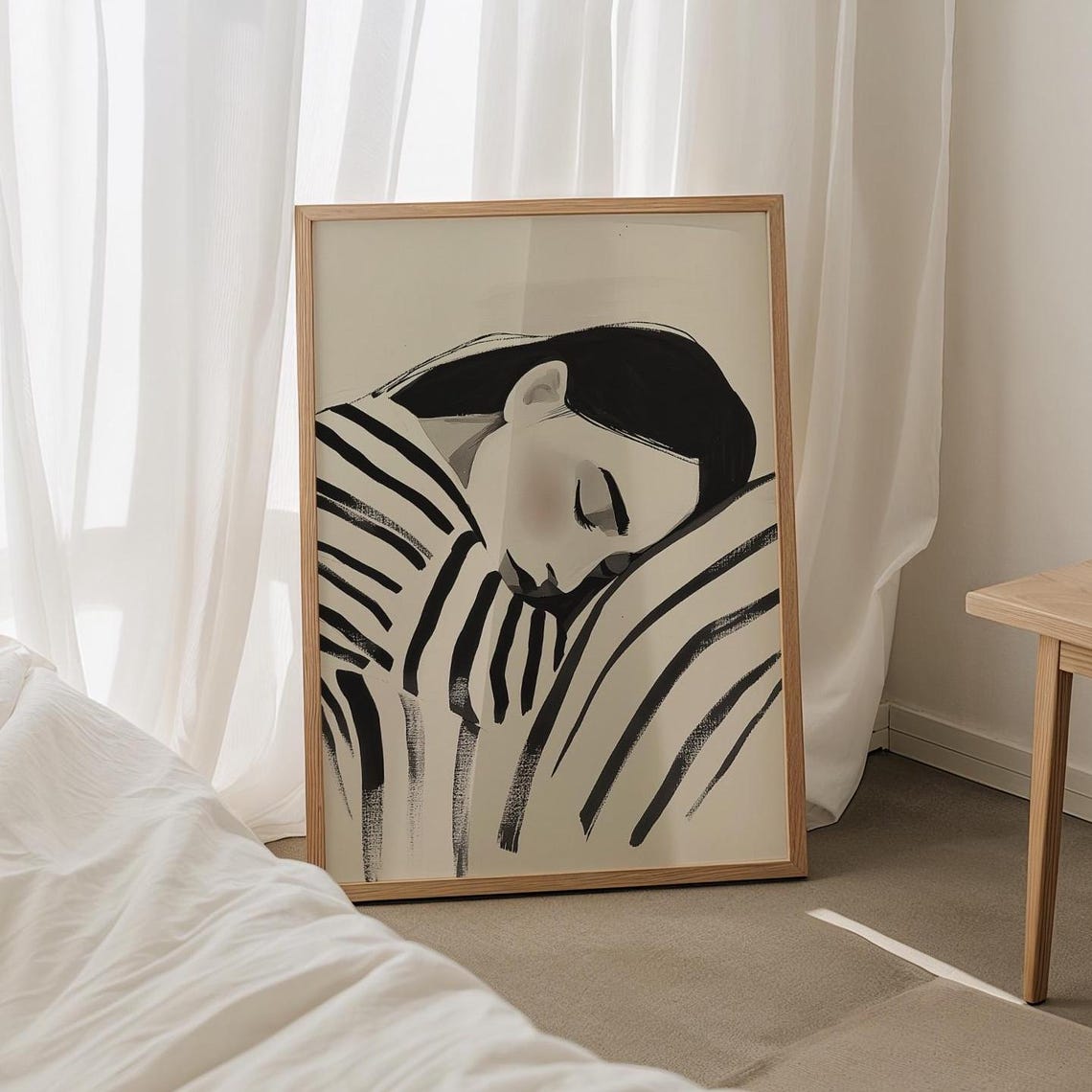 Quiet Resting Woman Stripes Minimalist Black White Art Poster