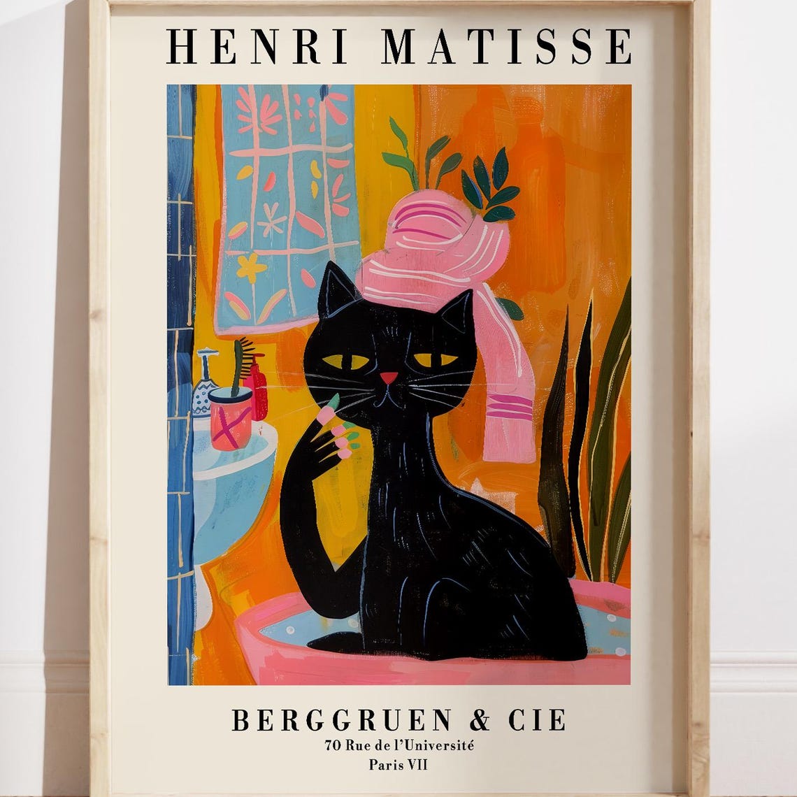 Matisse Style Black Cat Spa Day Relaxing Bubble Bath Art Poster