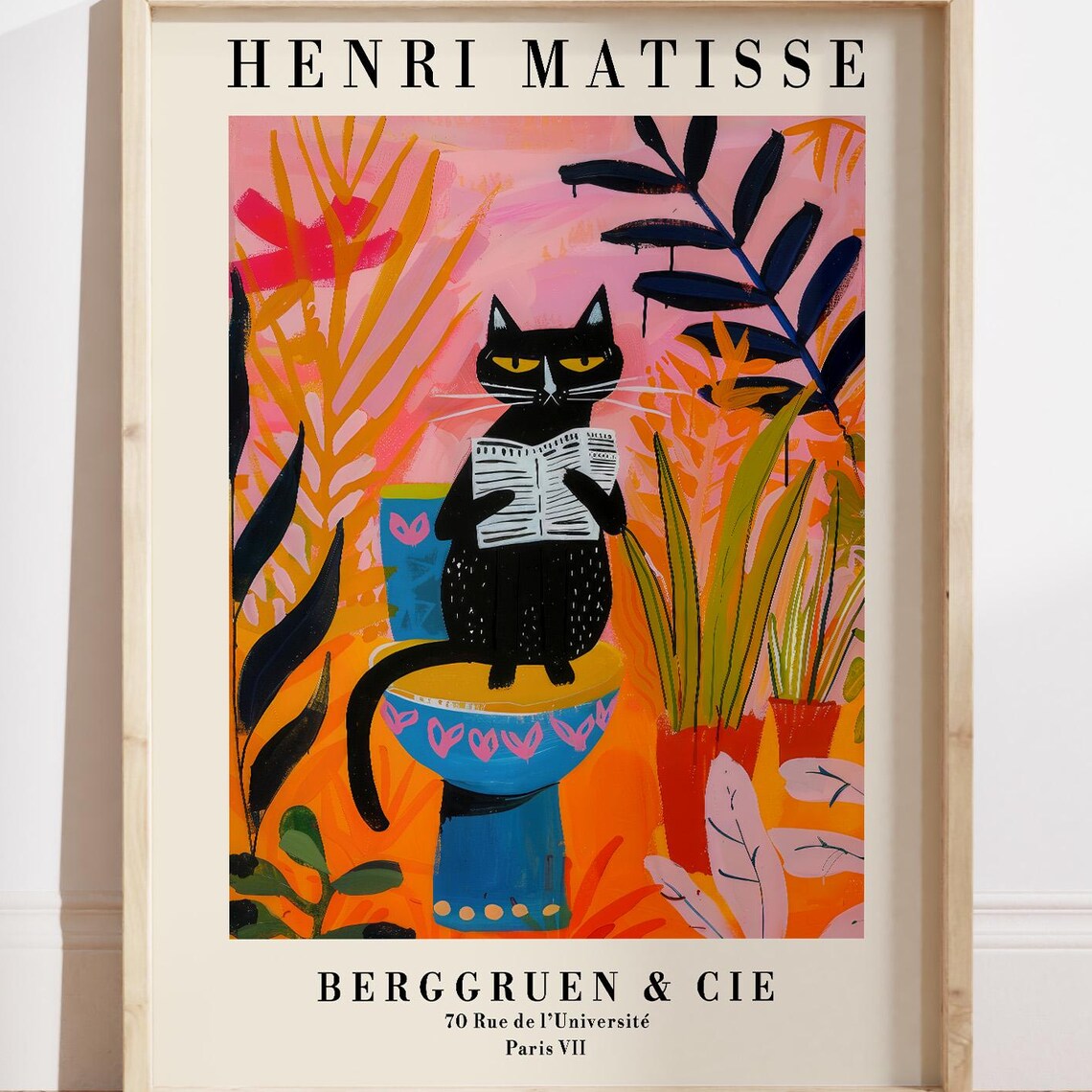 Matisse Style Black Cat Reading Newspaper On A Toilet Poster