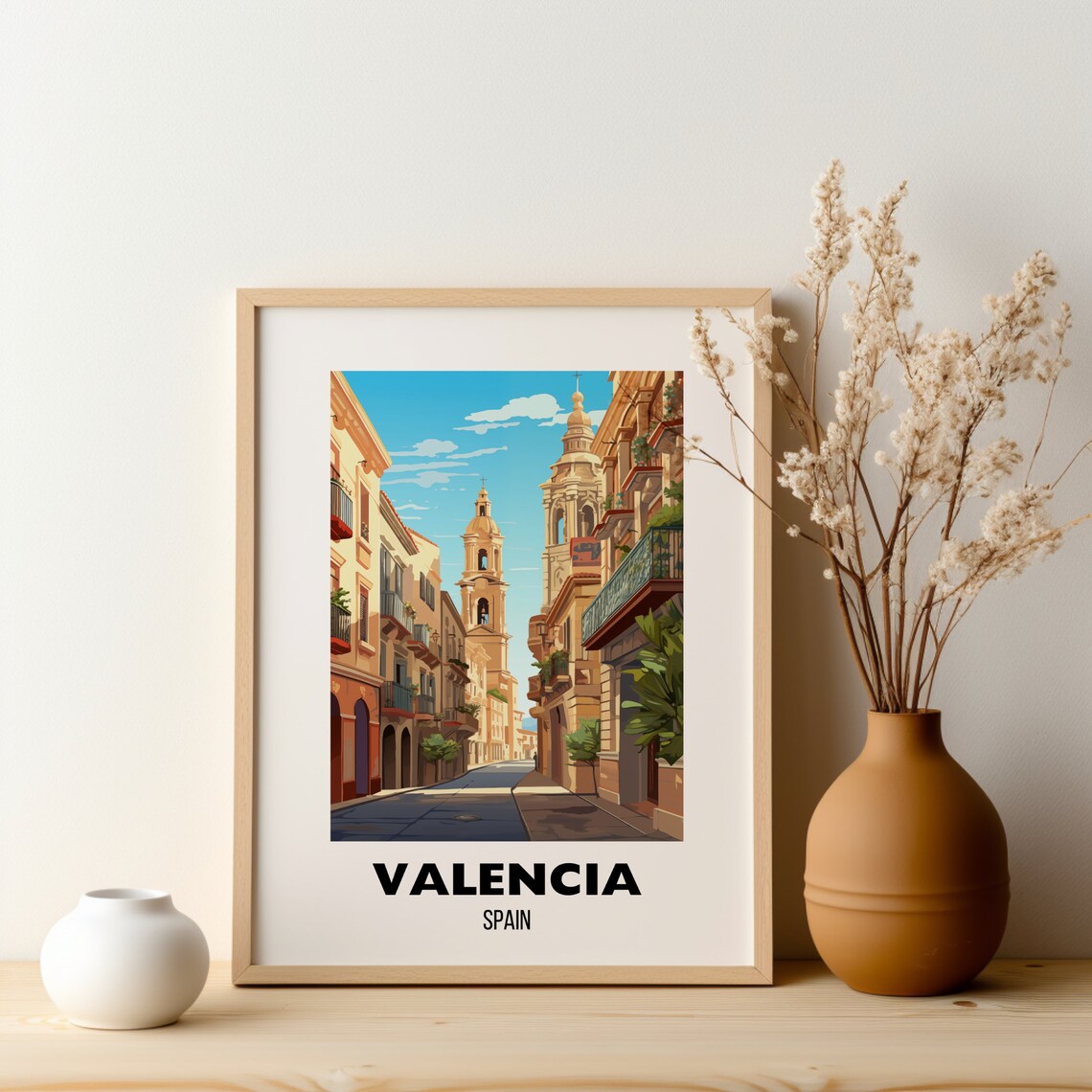 Valencia Spain Old Town Street Church Bell Towers Golden Travel Poster - Image 2