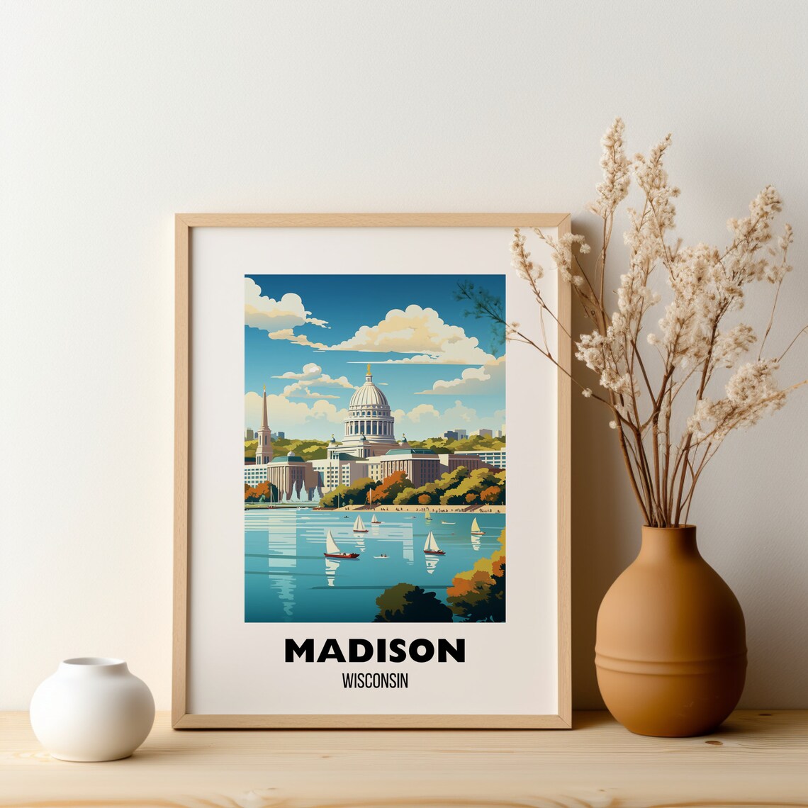 Madison Wisconsin Capitol Dome Lake Sailboat Vintage Travel Poster - Image 2