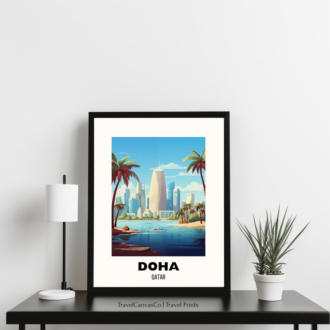 Doha Qatar Futuristic Skyline Waterfront Palm Trees Travel Poster - Image 3