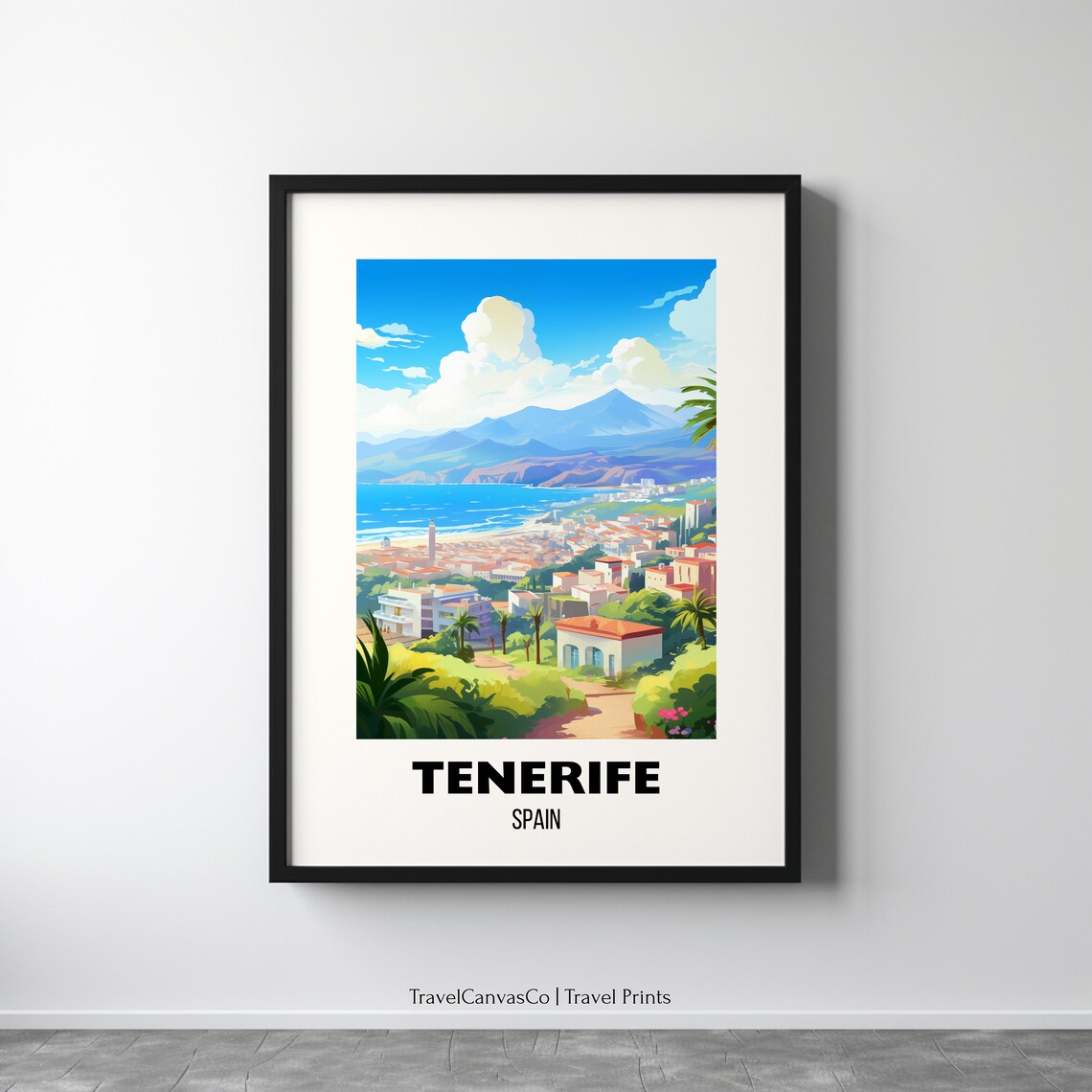 Tenerife Spain Island Coastal City Mountain View Travel Poster