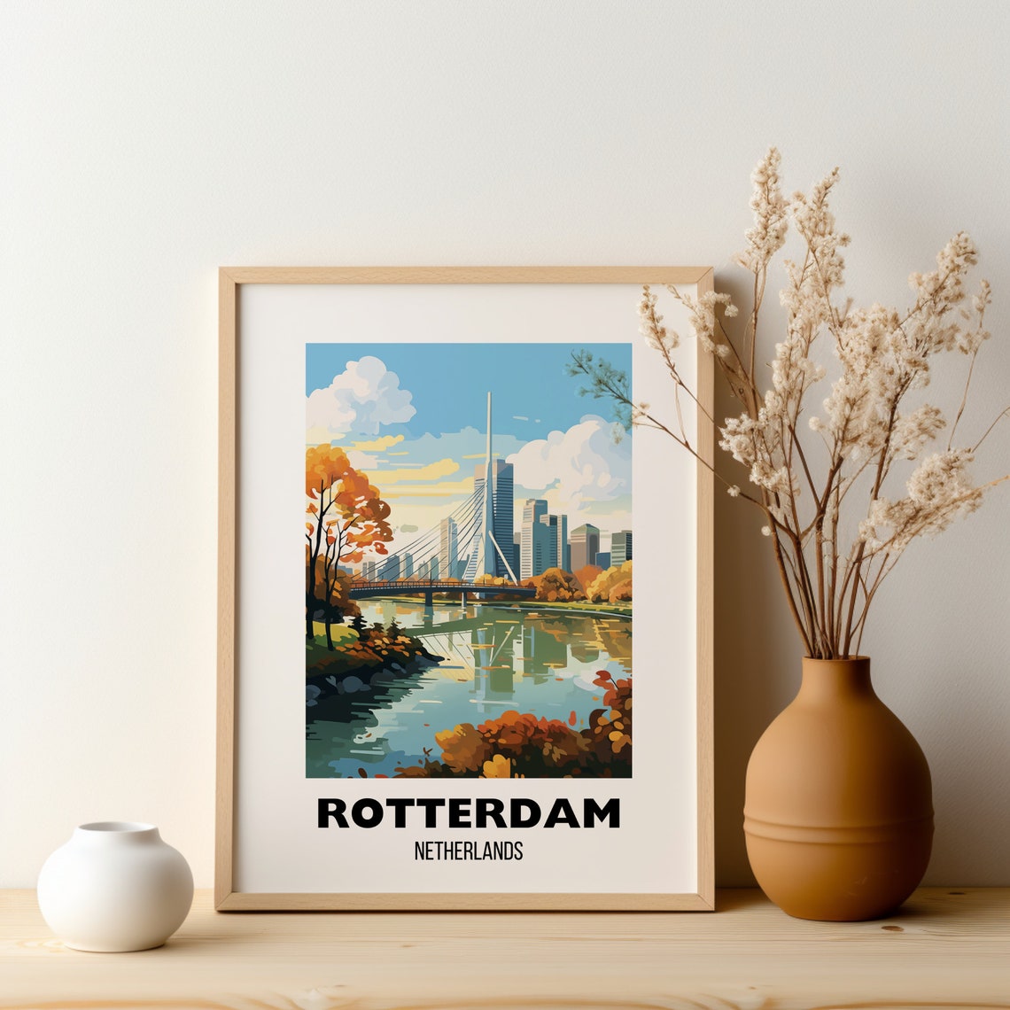 Rotterdam Netherlands Autumn Skyline Bridge River Travel Poster - Image 2