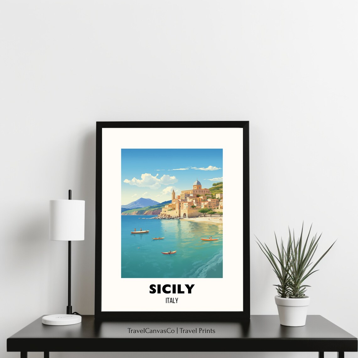 Sicily Italy Coastal Town Turquoise Sea Boats Vintage Travel Poster - Image 3