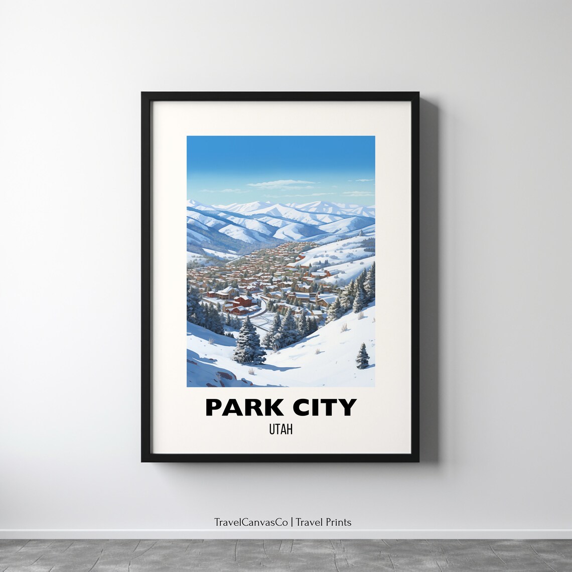 Park City Utah Snowy Ski Town Aerial View Vintage Travel Poster