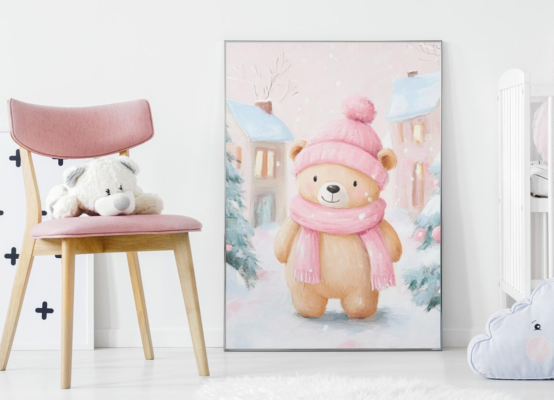 Teddy Bear In Pink Knit Hat And Scarf Snowy Village Kids Poster - Image 3