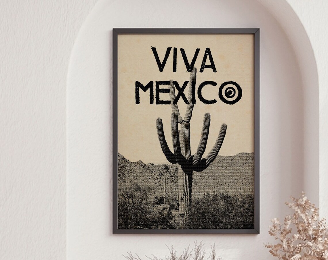 Viva Mexico Saguaro Cactus Desert Sepia Vintage Travel Poster Wall Art