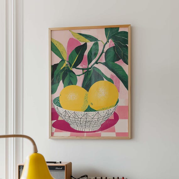 Eclectic Maximalist Lemon Print Bold Vintage Inspired Citrus Artwork Vibrant Checkered Botanical Art Colorful Kitchen