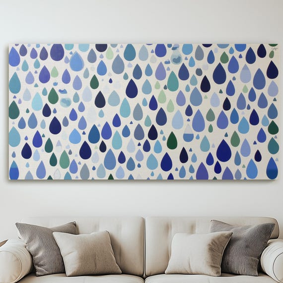 Raindrop Pattern Canvas Art Blue Green And Purple Minimalist Design Rain Droplet Refreshing Wall Decor For Bathroom Or Entryway
