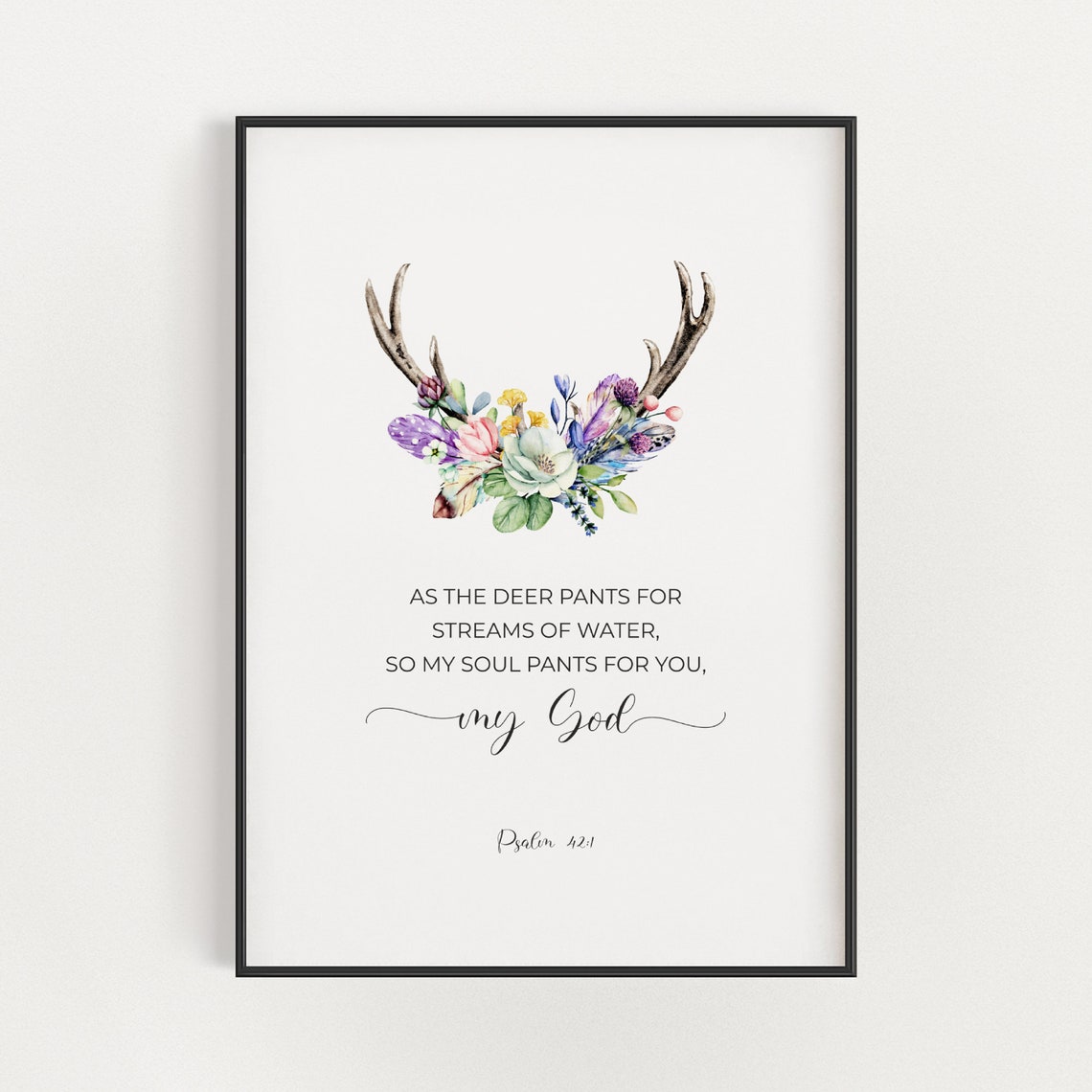 Psalm 42:1 As the Deer Pants Floral Antler Watercolor Scripture Print