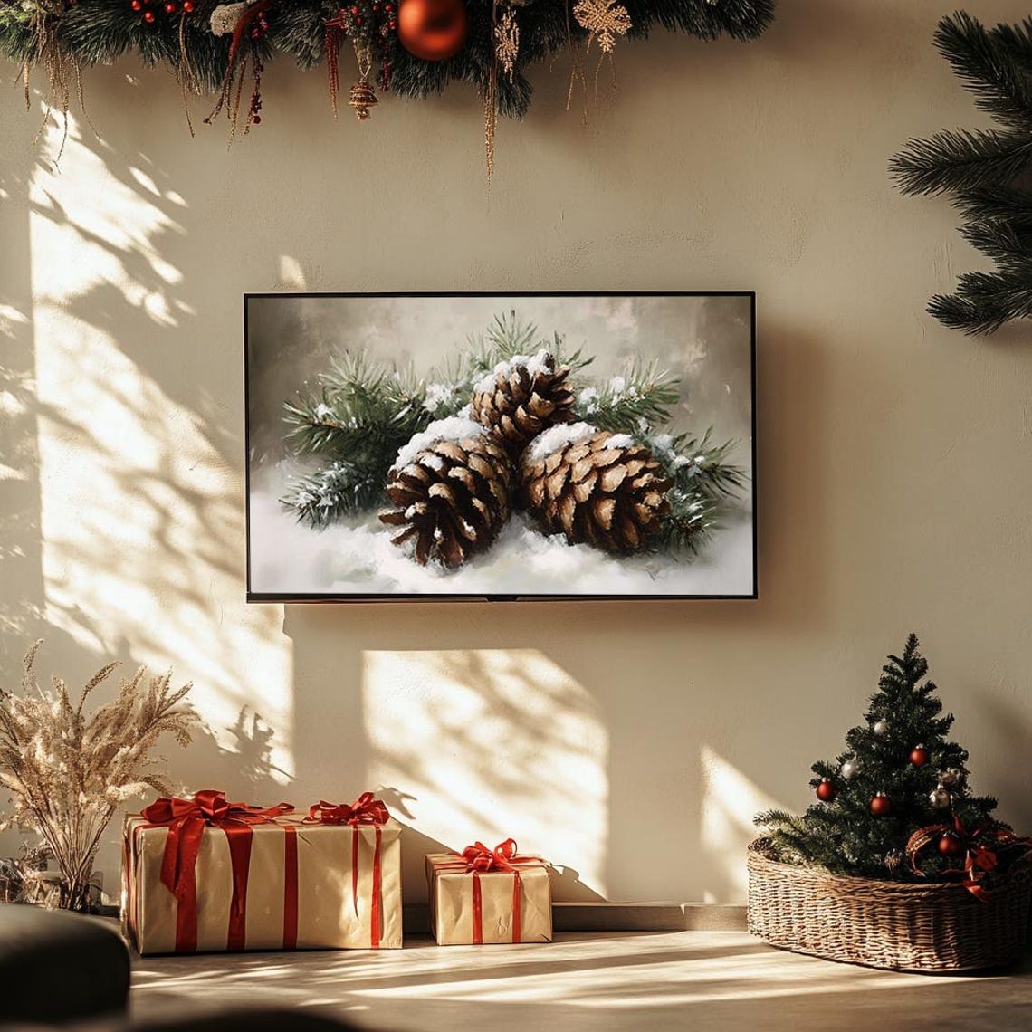 Snow Dusted Pine Cones With Evergreen Branches Winter Painting Poster - Image 3