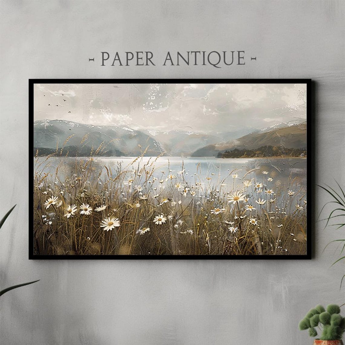 Serene Misty Lake with Wild Daisies Mountain View Landscape Poster