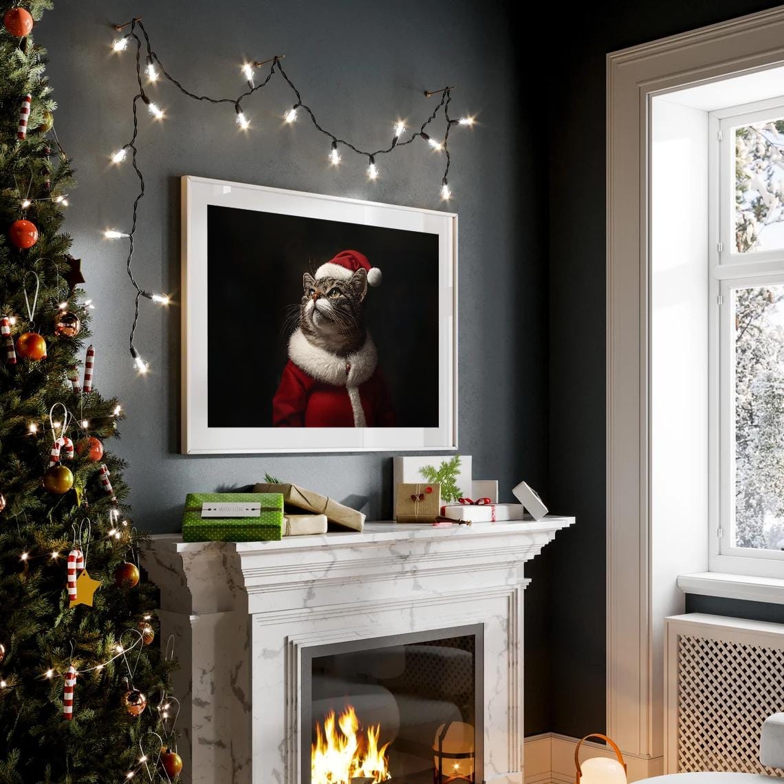 Santa Cat Portrait Festive Christmas Wall Art Whimsical Holiday Decor Cute Pet Artwork Instant Ls - Image 2