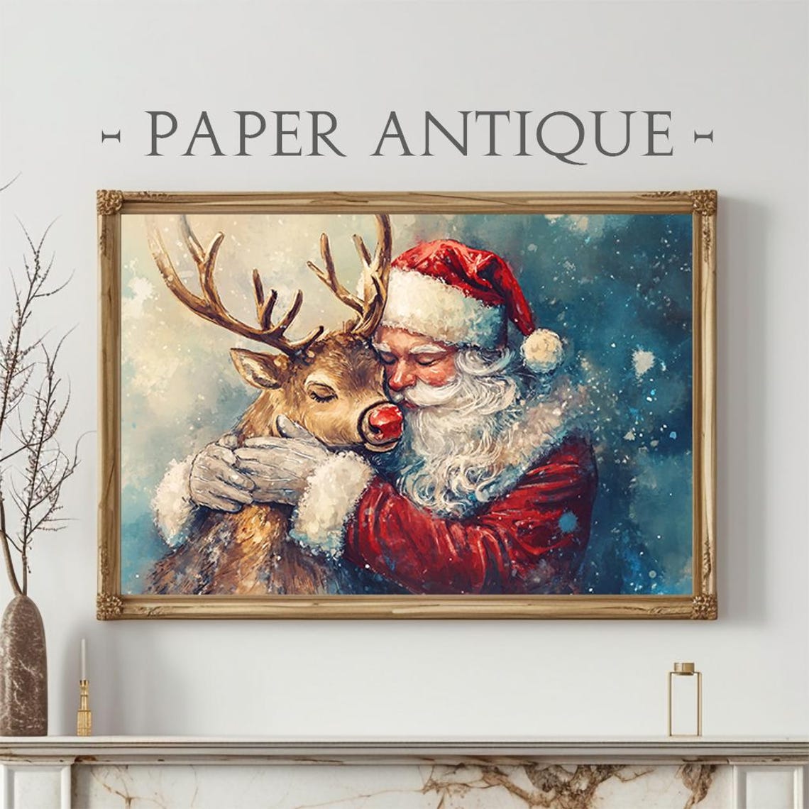 Santa Claus Hugging Red Nosed Reindeer Festive Oil Painting Poster