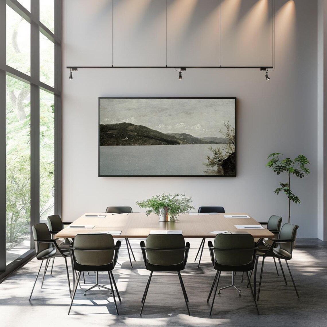Misty Gray Lake Dark Hills Moody Vintage Landscape Art Poster - Image 3