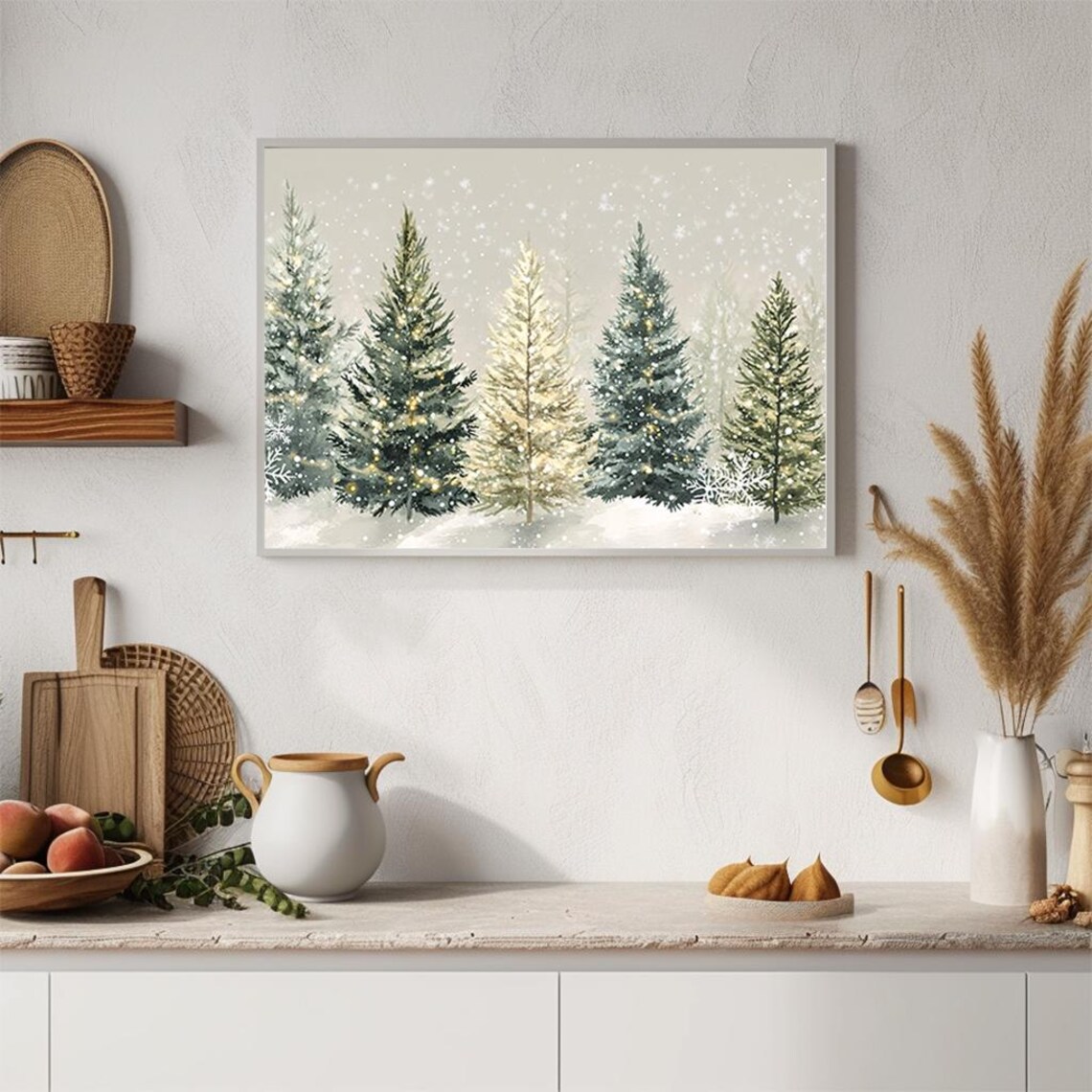 Watercolor Christmas Trees With Golden Twinkle Lights Winter Poster - Image 4