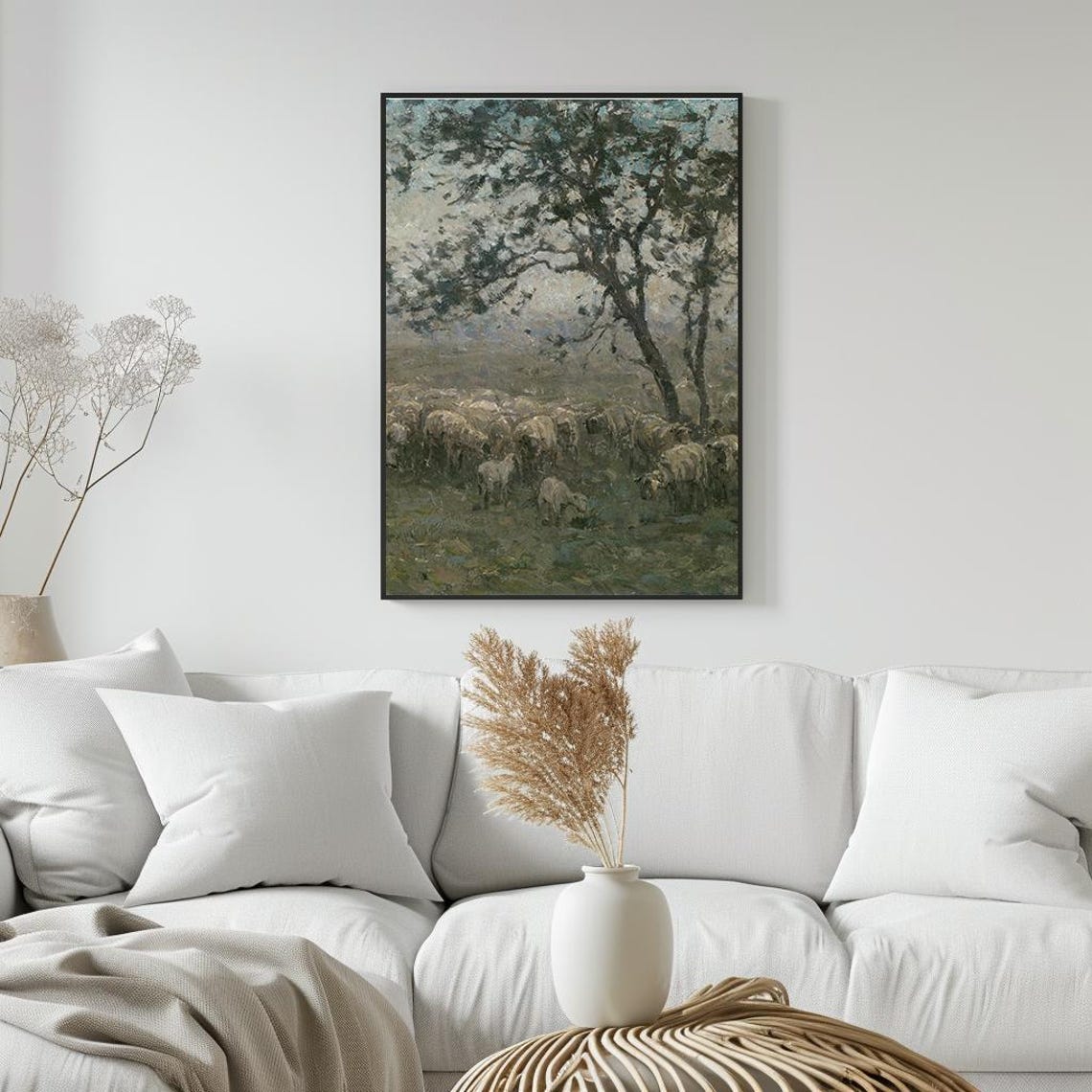 Sheep Grazing Under Ancient Trees Pastoral Oil Painting Poster - Image 5