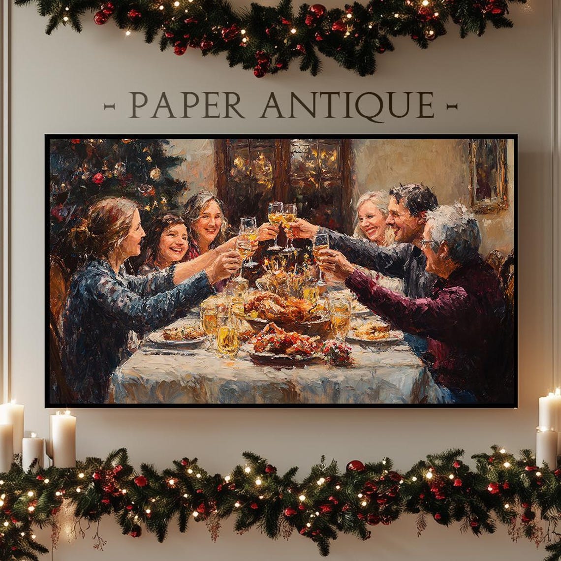 Family Christmas Dinner Toasting Festive Gathering Painting Poster