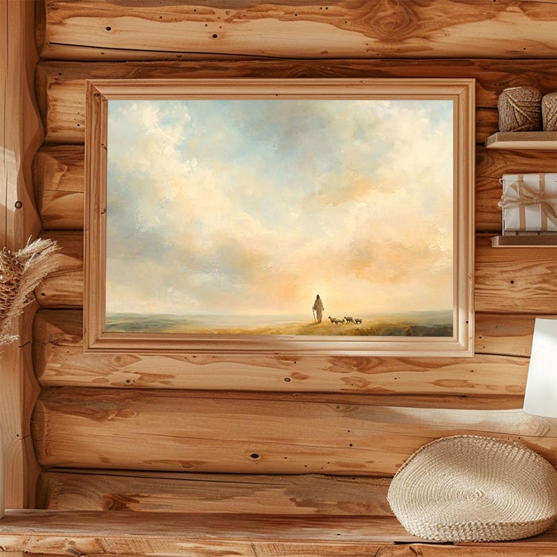 Shepherd With Sheep Golden Sunset Pastel Sky Painting Poster - Image 4