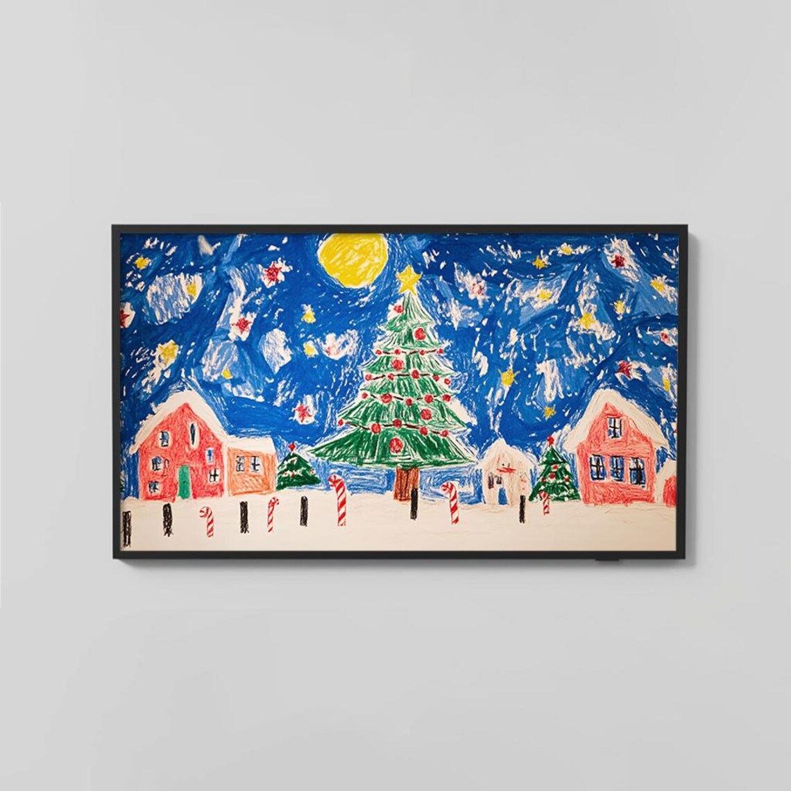 Colorful Christmas Village Drawing Kids Art Winter Scene Poster - Image 2