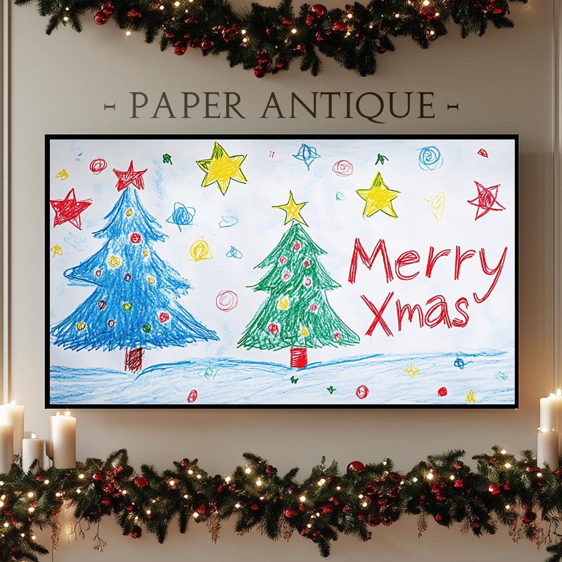 Colorful Merry Xmas Crayon Drawing Kids Christmas Tree Poster
