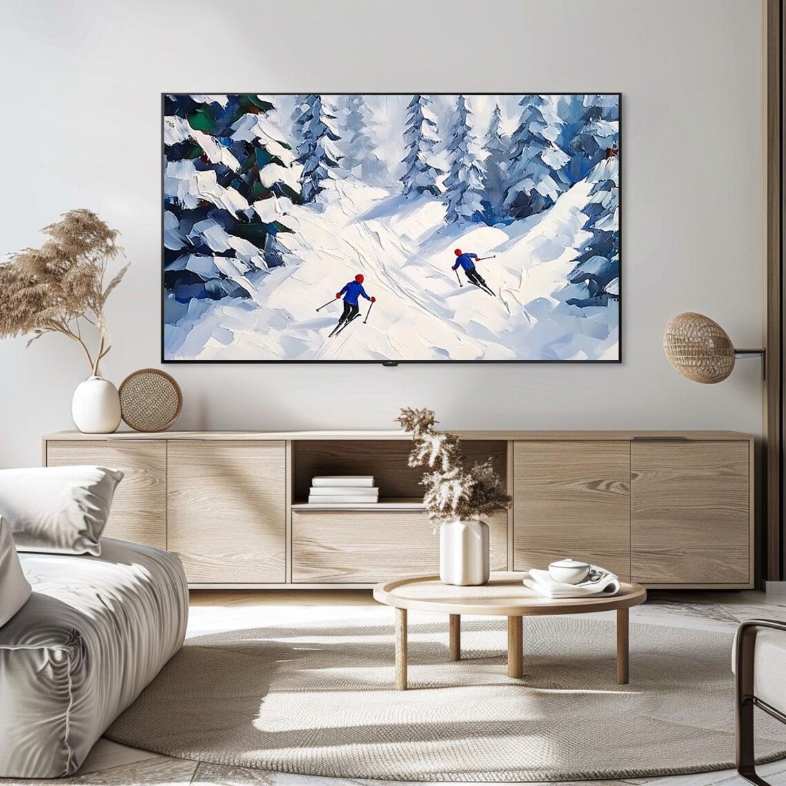 Two Skiers Descending Snowy Mountain Trail Oil Painting Winter Poster - Image 5
