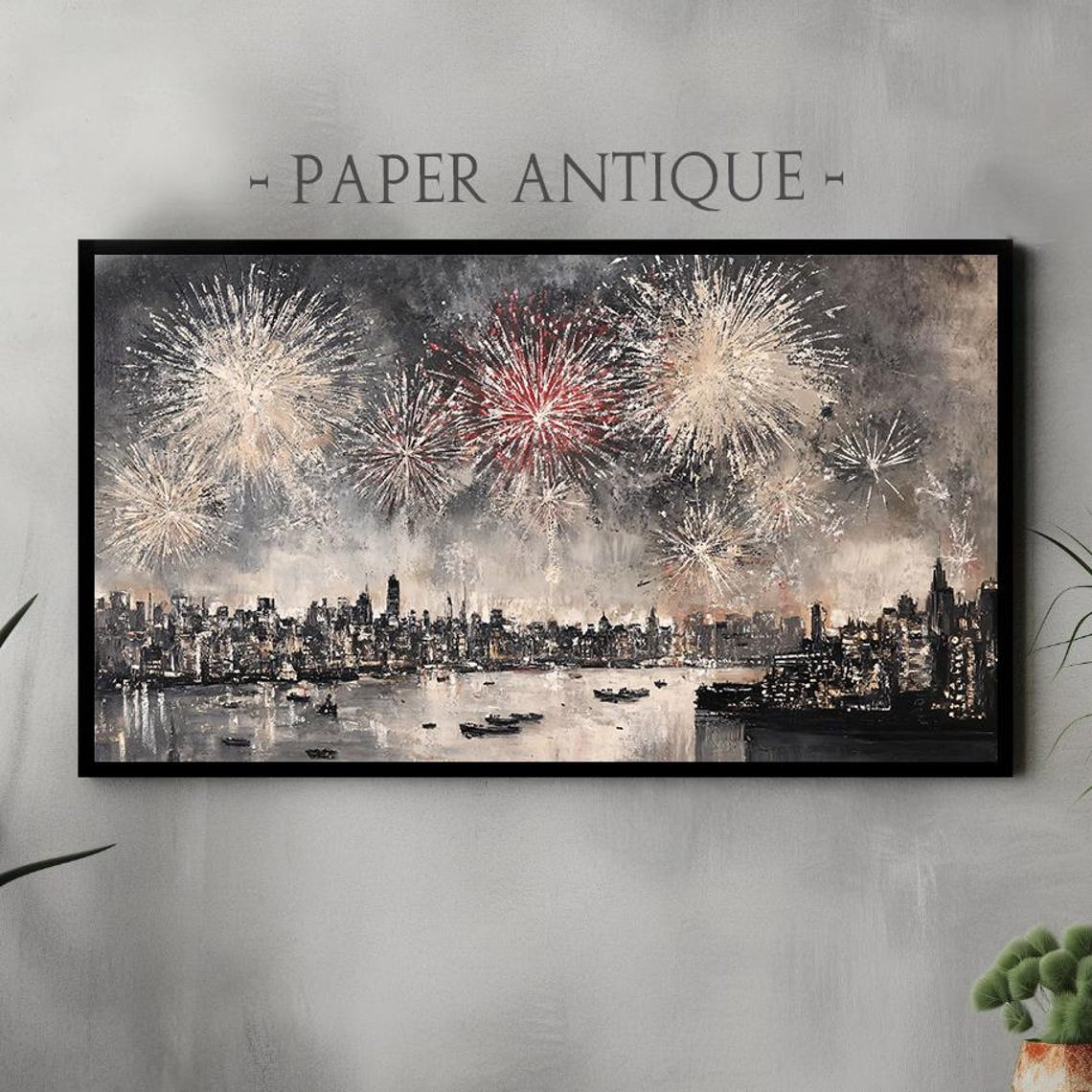 Dramatic Fireworks Over City Skyline Night Celebration Art Poster