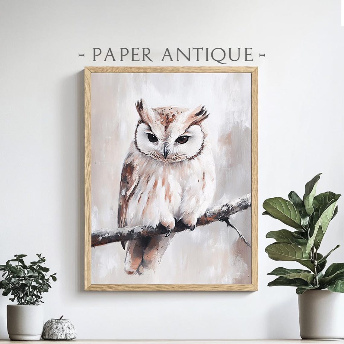 White Owl Perched on Snowy Branch Soft Winter Wildlife Painting Poster