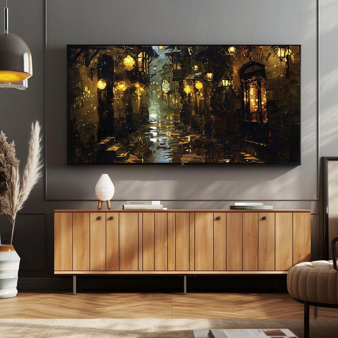 Rainy Old Street Lanterns Night Moody Gothic Alley Painting Poster - Image 3
