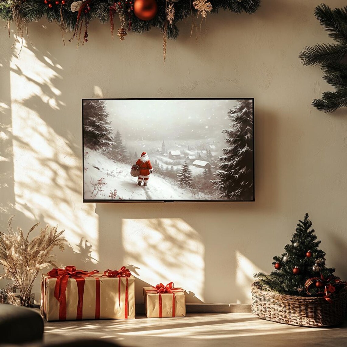 Santa Walking Toward Snowy Village Church Winter Landscape Poster - Image 3