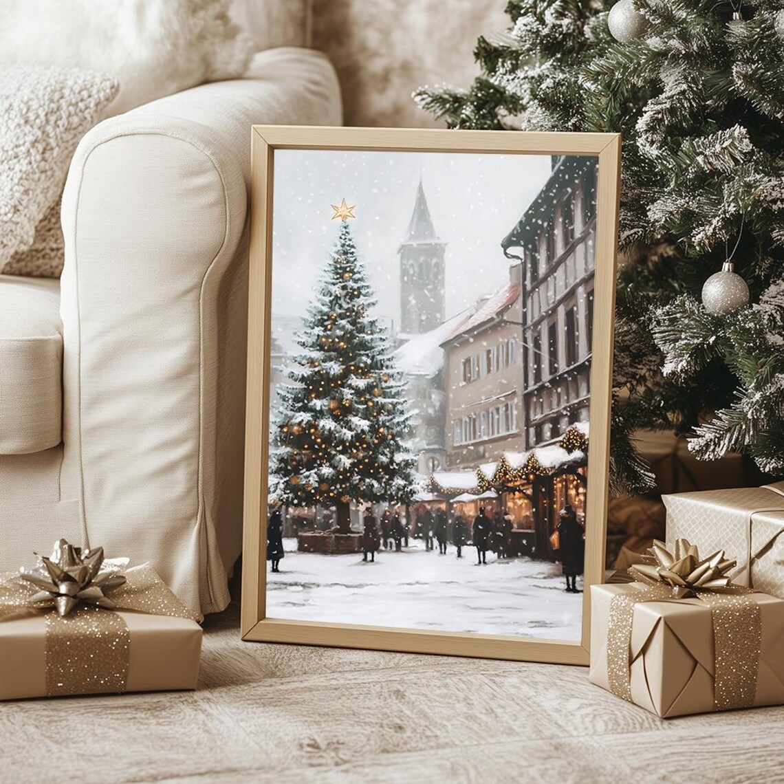 Christmas Market Snowy Tree Town Square Vintage Holiday Poster - Image 5