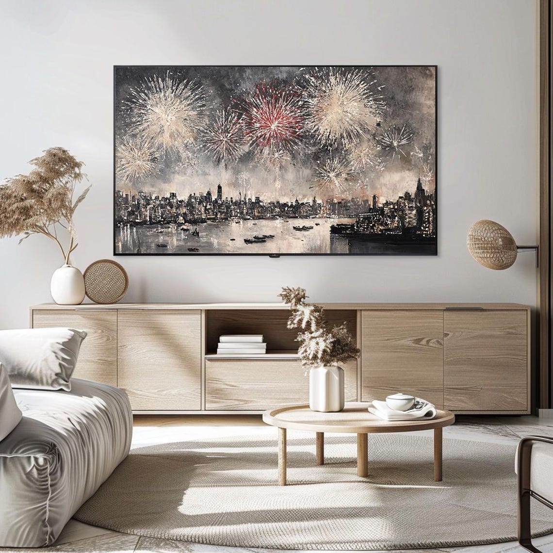 Dramatic Fireworks Over City Skyline Night Celebration Art Poster - Image 5
