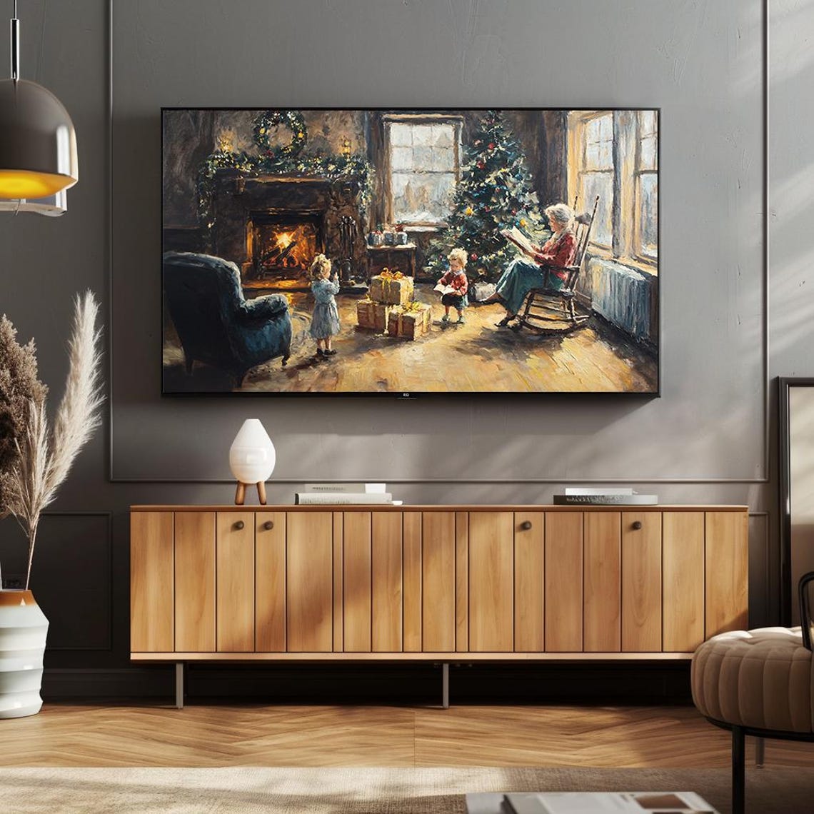 Family Around Fireplace With Christmas Tree Cozy Holiday Scene Poster - Image 4