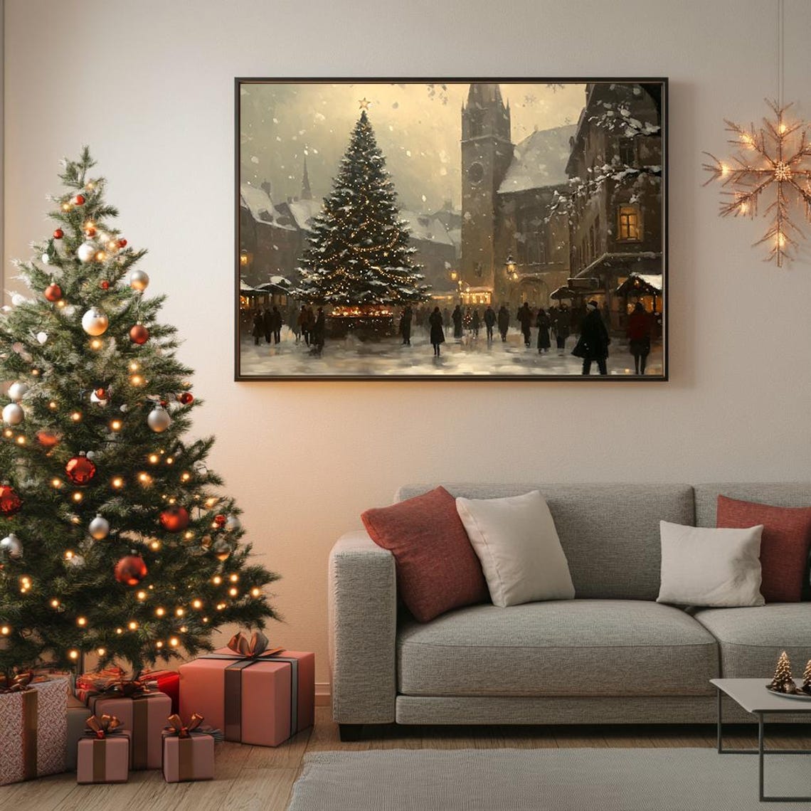 Christmas Market Lit Tree Dusk Snowfall Vintage Holiday Poster - Image 5