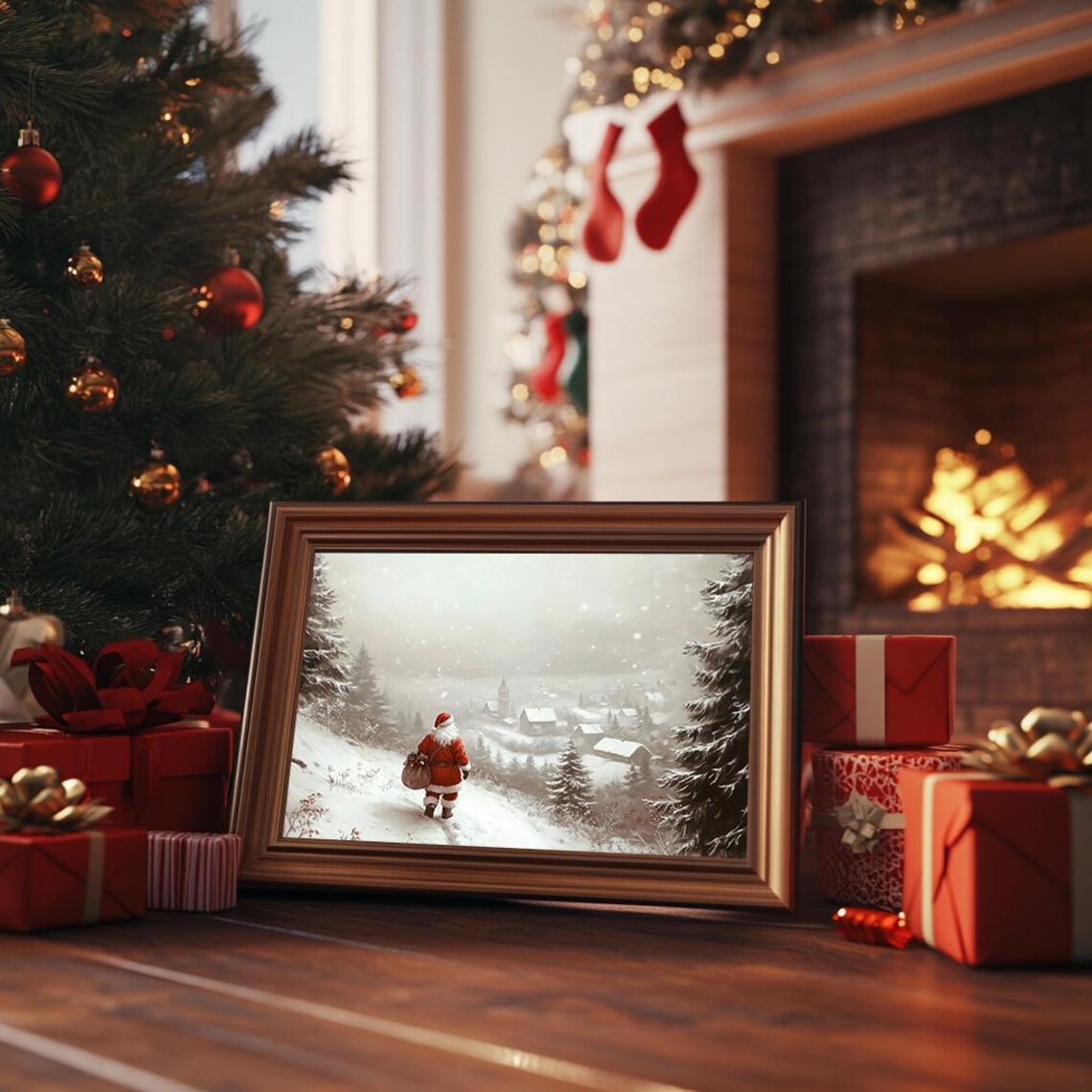 Santa Claus Snowy Village Walk Vintage Christmas Landscape Poster - Image 3