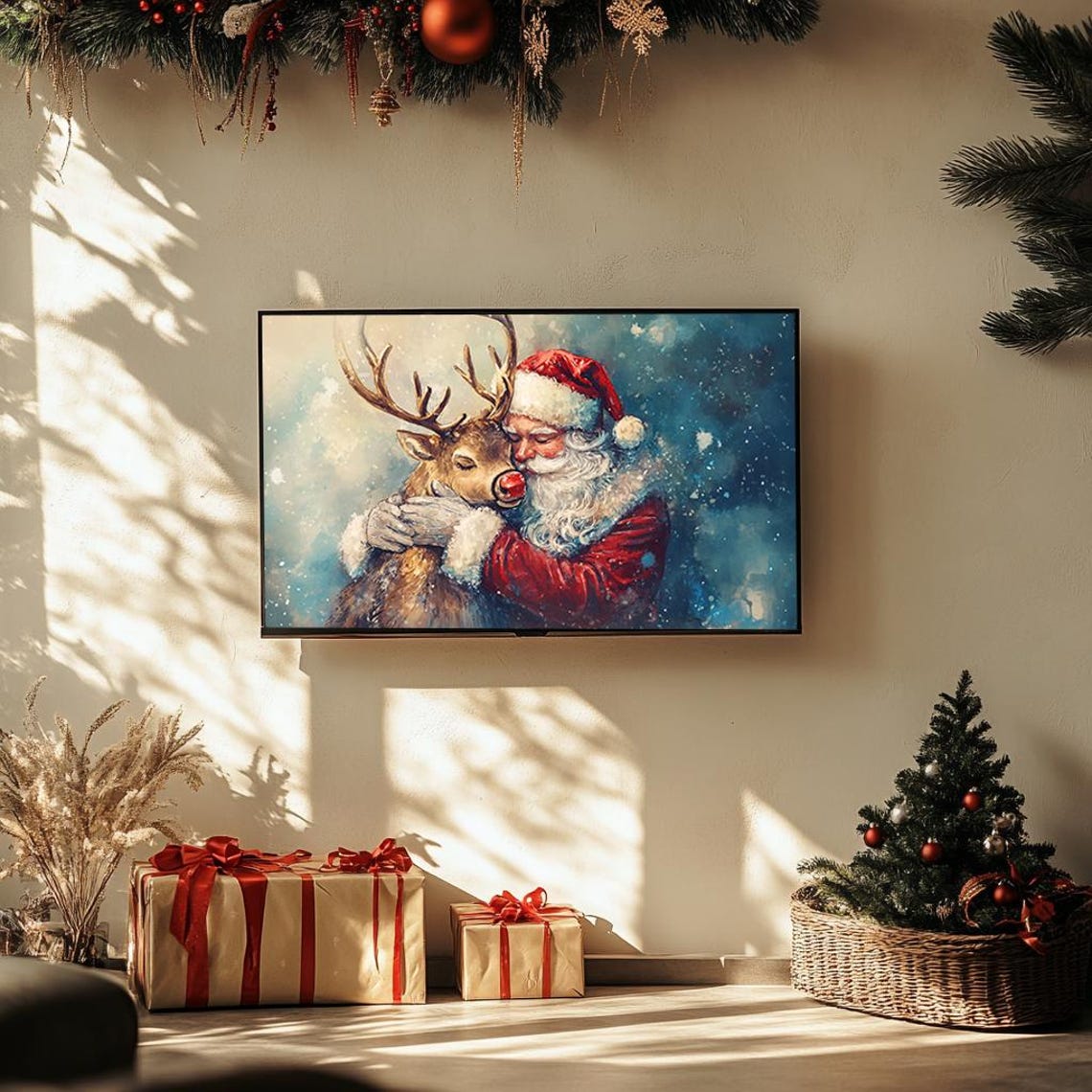 Santa Hugging Rudolph Heartwarming Christmas Painting Poster - Image 3