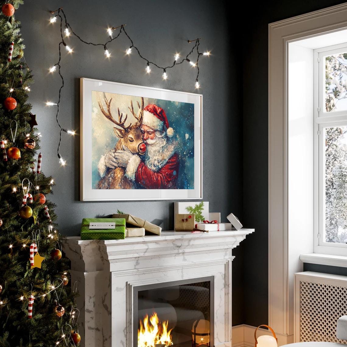 Santa Claus Hugging Red Nosed Reindeer Festive Oil Painting Poster - Image 2