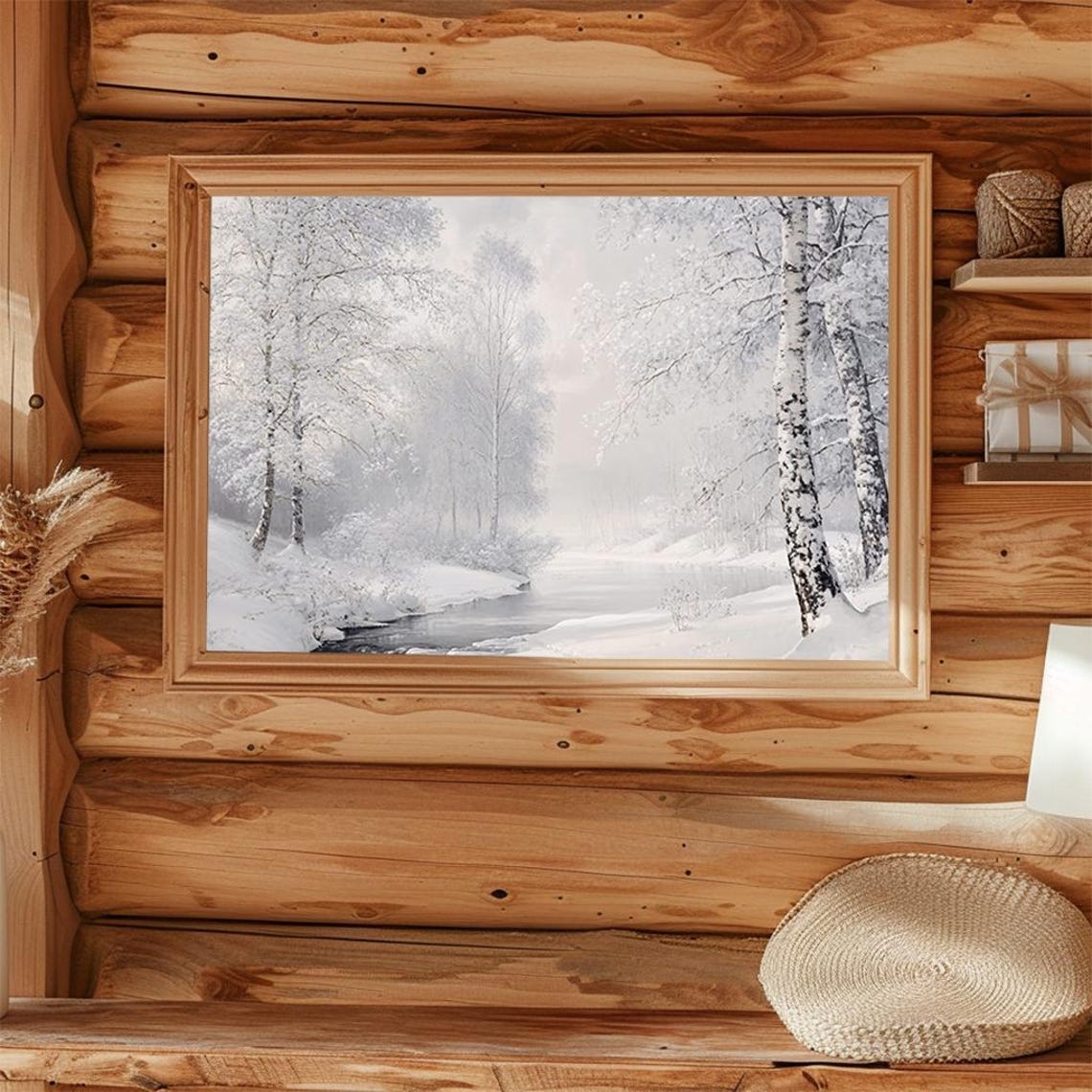 Snowy Birch Trees Frozen River Soft White Winter Landscape Poster - Image 4