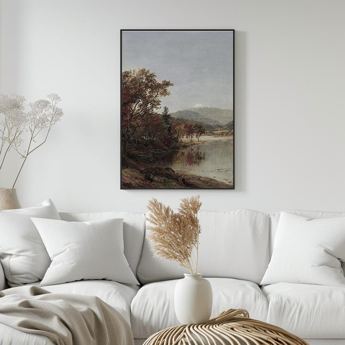 Mountain Lake Autumn Trees Distant Peaks Rustic Painting Poster - Image 5