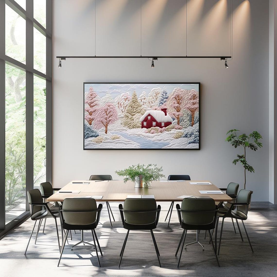 Cozy Winter Cabin Embroidery Style Scenic Snowy Landscape Poster - Image 3