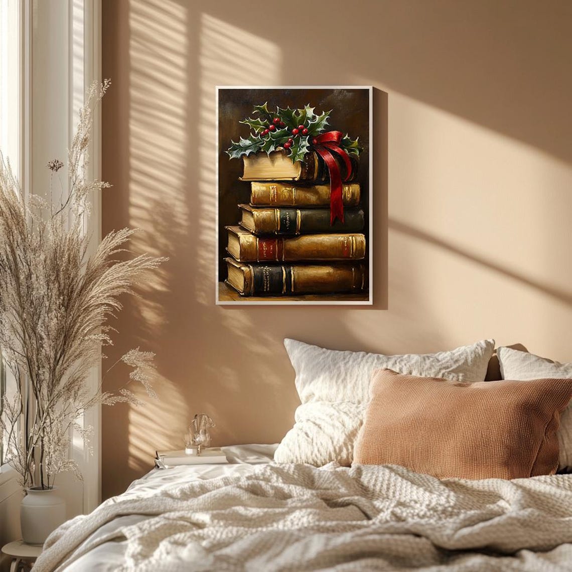 Vintage Books Stack With Holly And Red Ribbon Christmas Poster - Image 2