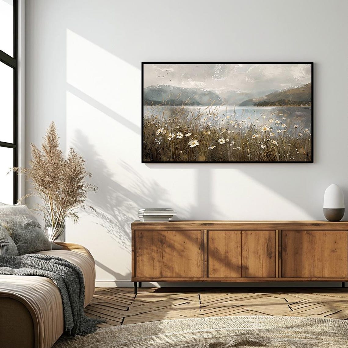 Serene Misty Lake with Wild Daisies Mountain View Landscape Poster - Image 4