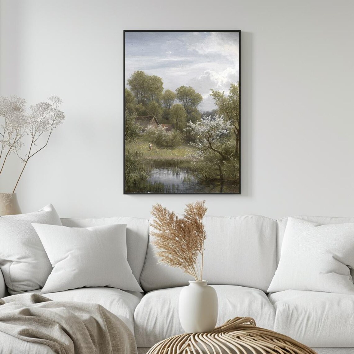 Cottage By A Pond Flowering Tree Serene Country Painting Poster - Image 5